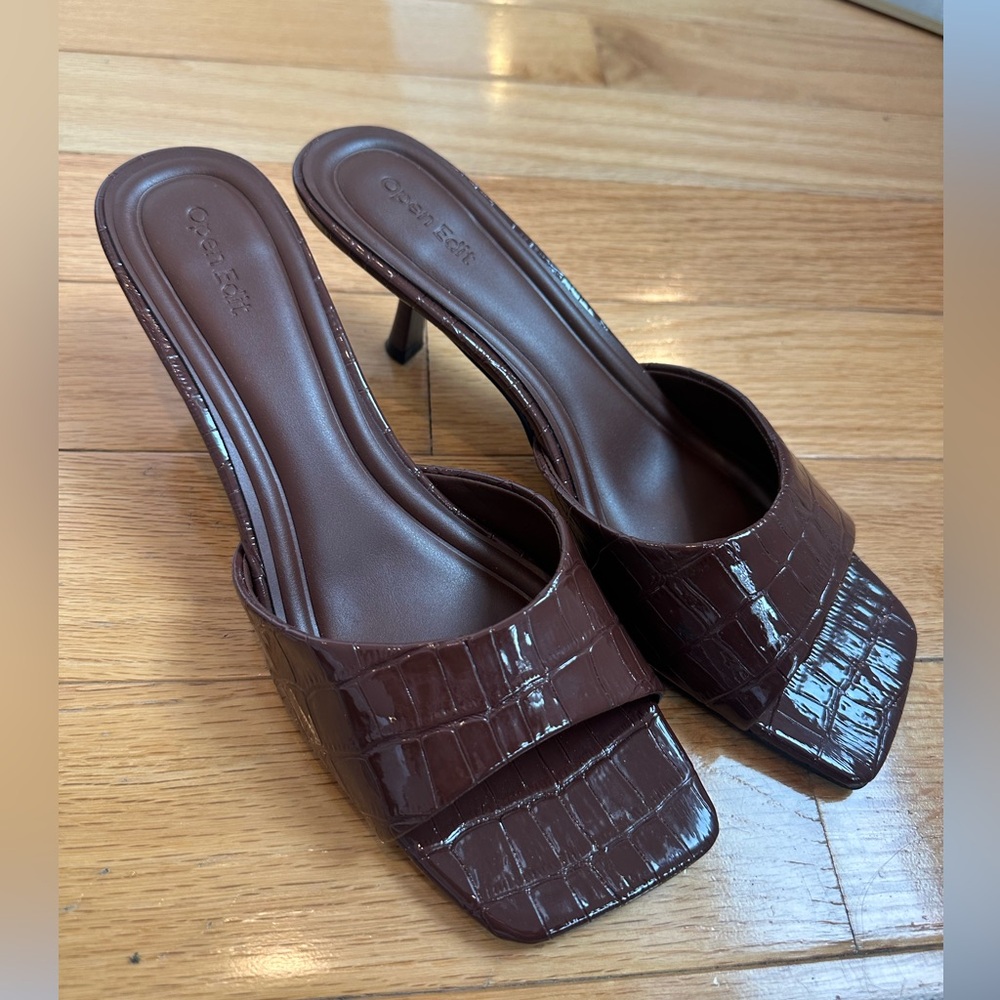 Open Edit Brown Croco Charlie Heel Sandal